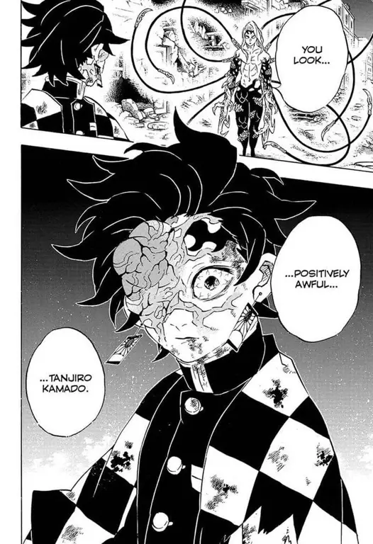 Panel-panel manga Kimetsu no Yaiba yang menampilkan adegan pertarungan dan karakter utama