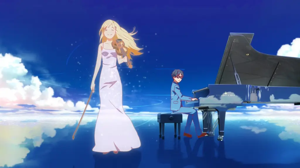 Gambar yang menampilkan adegan akhir Your Lie in April yang mengharukan.