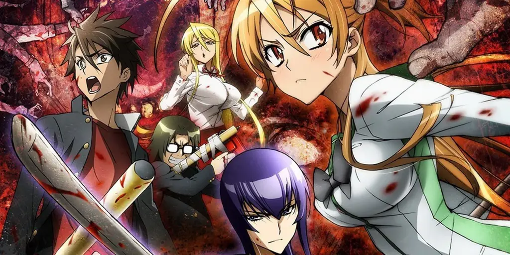 Adegan aksi menegangkan dalam anime Highschool of the Dead.