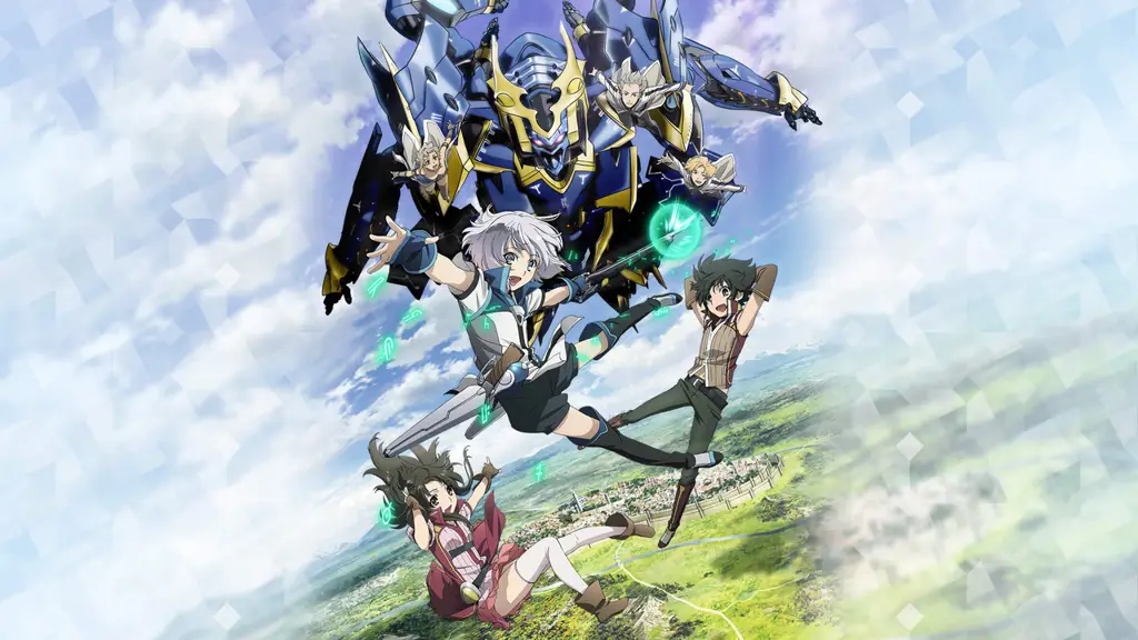 Adegan anime Knights & Magic yang menampilkan robot raksasa dan karakter utamanya.