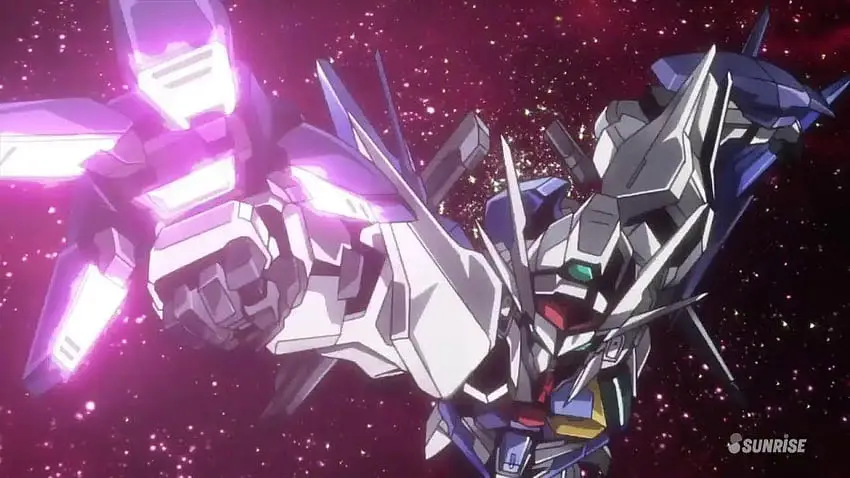 Gambar adegan aksi pertarungan robot dalam Gundam 00