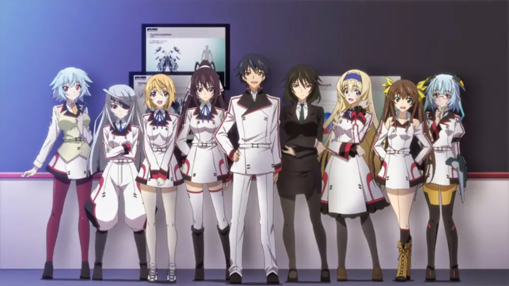 Screenshot anime Infinite Stratos 2 yang menampilkan karakter utama dan mecha