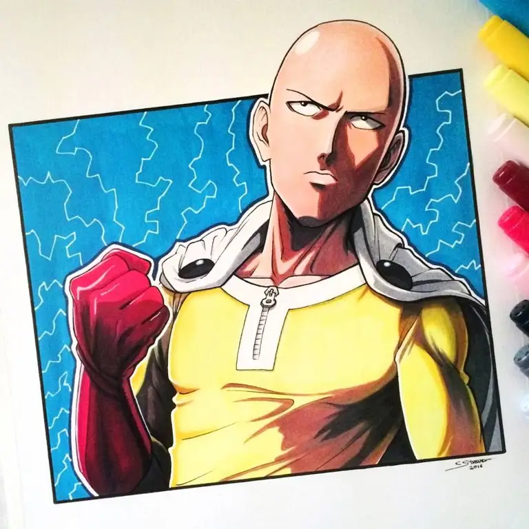 Gambar artwork adegan aksi One Punch Man yang dinamis dan penuh warna