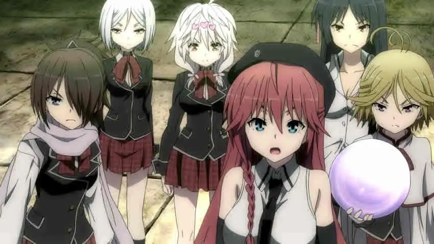 Adegan aksi dari anime Trinity Seven yang menampilkan pertarungan sihir