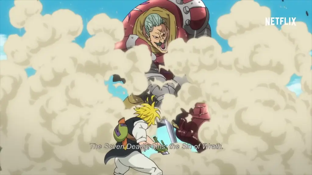 Adegan aksi yang menegangkan dalam anime Seven Deadly Sins Gambar adegan aksi dari Seven Deadly Sins