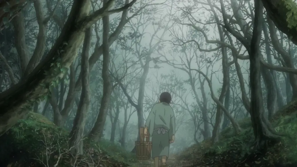 Screenshot adegan dari episode pertama Mushishi.