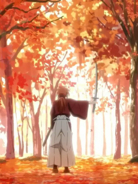 Screenshot anime Rurouni Kenshin yang menampilkan Himura Kenshin