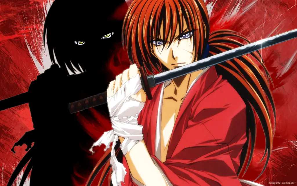 Screenshot anime Samurai X yang menampilkan Kenshin Himura