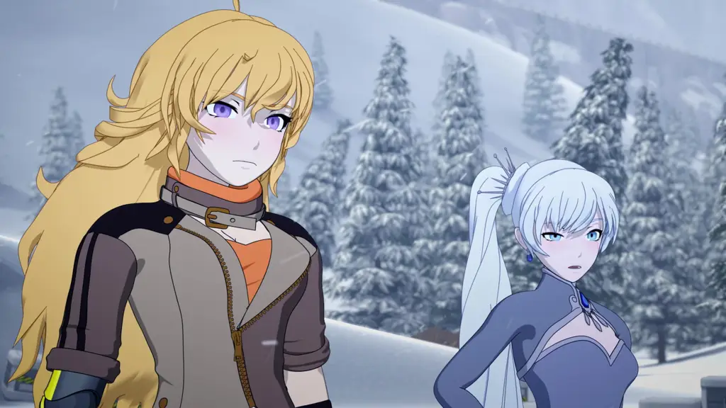 Screenshot dari RWBY Volume 6 yang menampilkan Ruby Rose dan timnya.