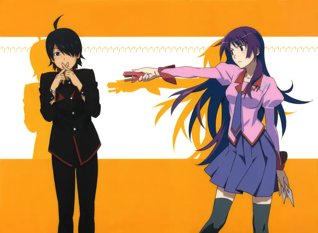 Araragi Koyomi dan Senjougahara Hitagi dari anime Monogatari