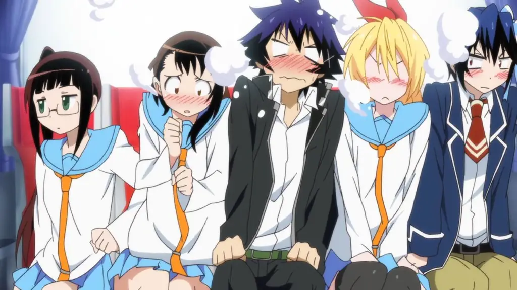 Adegan khas anime harem Seorang pemuda dikelilingi oleh banyak gadis cantik dalam anime.
