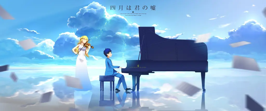 Adegan Kousei bermain piano dalam film Kimi no Uso