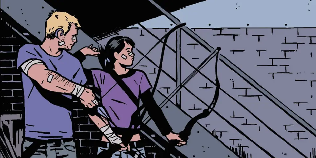 Kate Bishop dan Clint Barton berlatih memanah