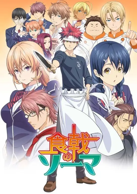 Karakter Food Wars sedang memasak dengan semangat