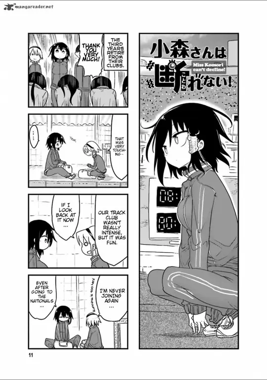 Panel manga Komori-san wa Kotowarenai yang menampilkan karakter utama