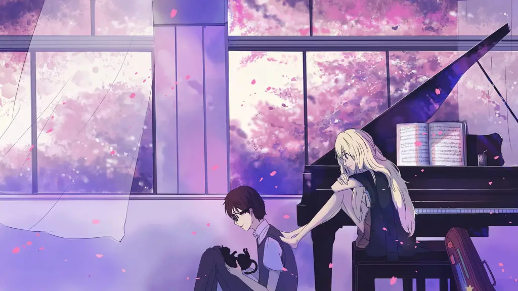 Gambar screenshot anime Your Lie in April yang menampilkan karakter utama Kousei dan Kaori