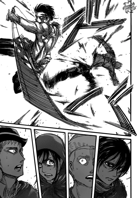 Panel manga Attack on Titan yang menunjukkan adegan penting