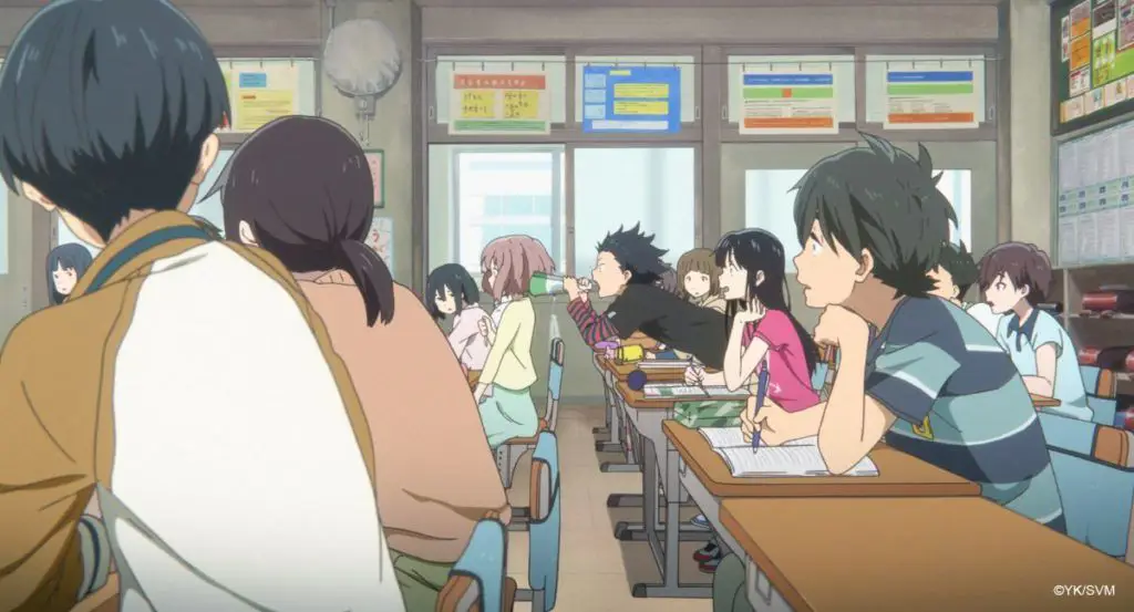 Adegan penting di episode pertama Koe no Katachi Screenshot dari episode pertama Koe no Katachi yang menampilkan Shoya dan Shoko