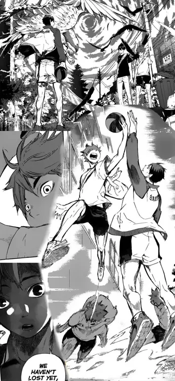 Panel-panel manga Haikyuu yang menampilkan pertandingan voli yang seru.