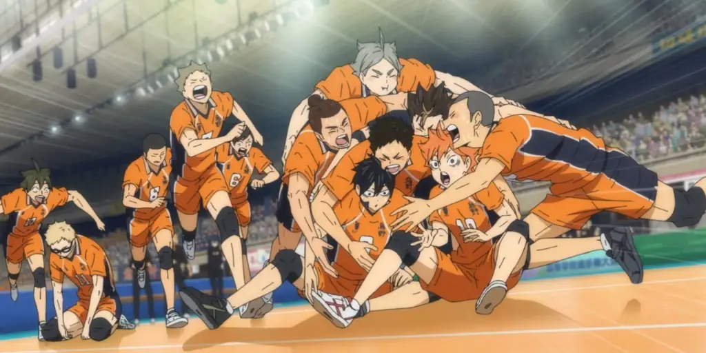 Gambar pertandingan voli dari Haikyuu!! yang menegangkan