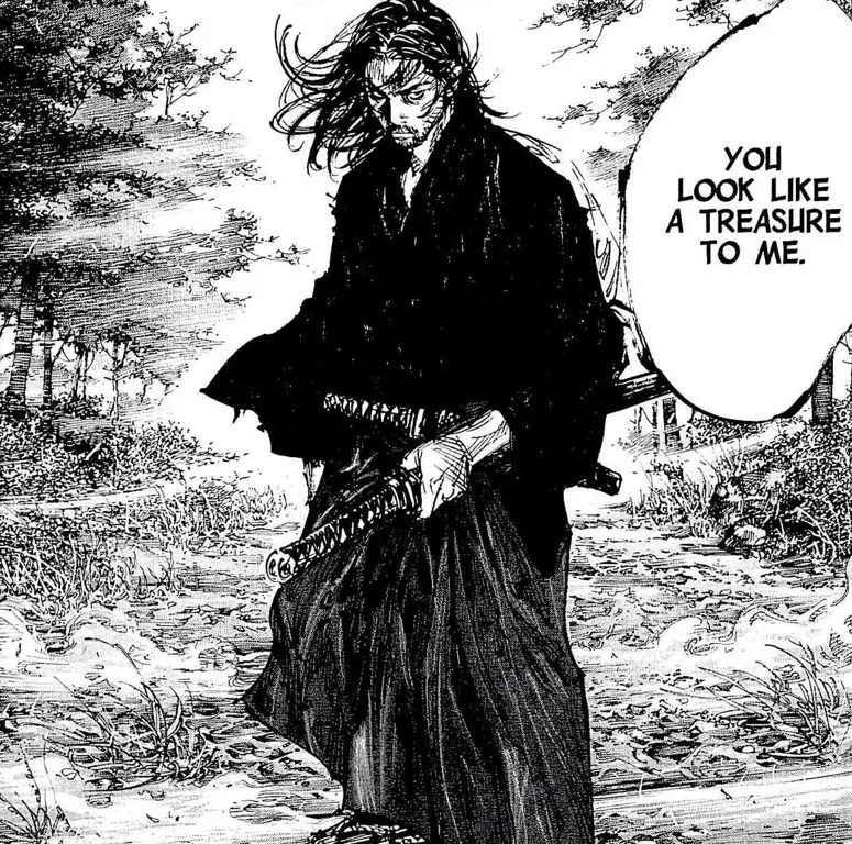 Panel-panel manga Vagabond yang menampilkan pertarungan epik Miyamoto Musashi.