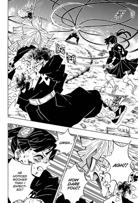 Panel-panel manga Kimetsu no Yaiba bab 190 yang menampilkan pertarungan sengit dan ekspresi emosional para karakter.