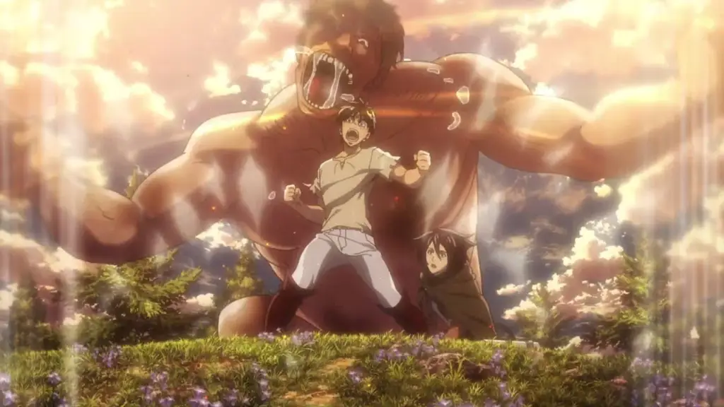 Adegan pertarungan epik antara manusia dan para Titan Gambar adegan aksi Attack on Titan yang menegangkan