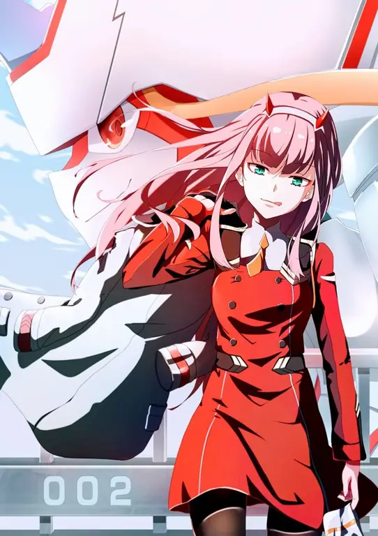 Hiro dan Zero Two mengendarai Franxx Strelizia