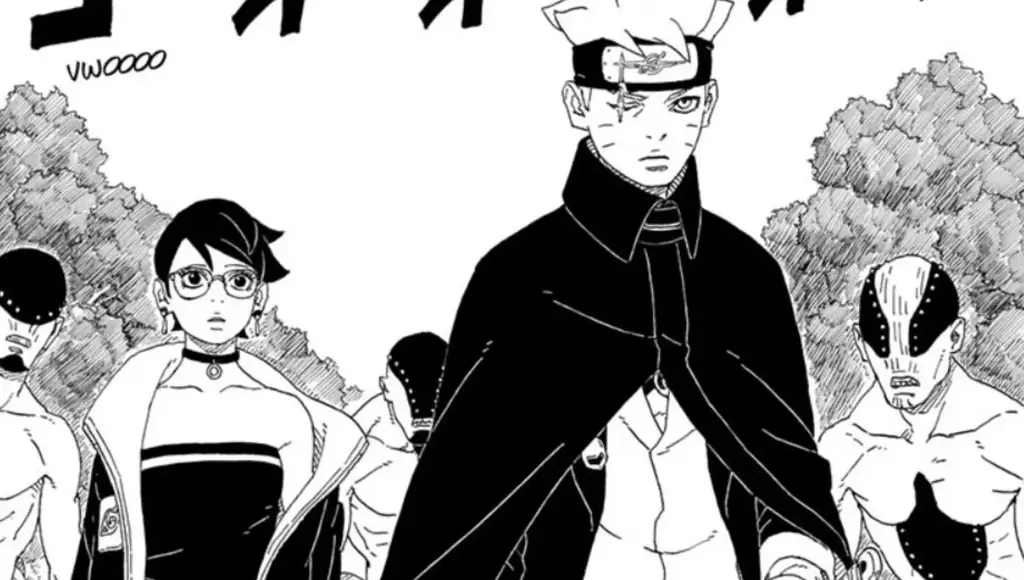 Panel-panel manga Boruto: Two Blue Vortex chapter 5 yang menampilkan pertarungan dan karakter penting