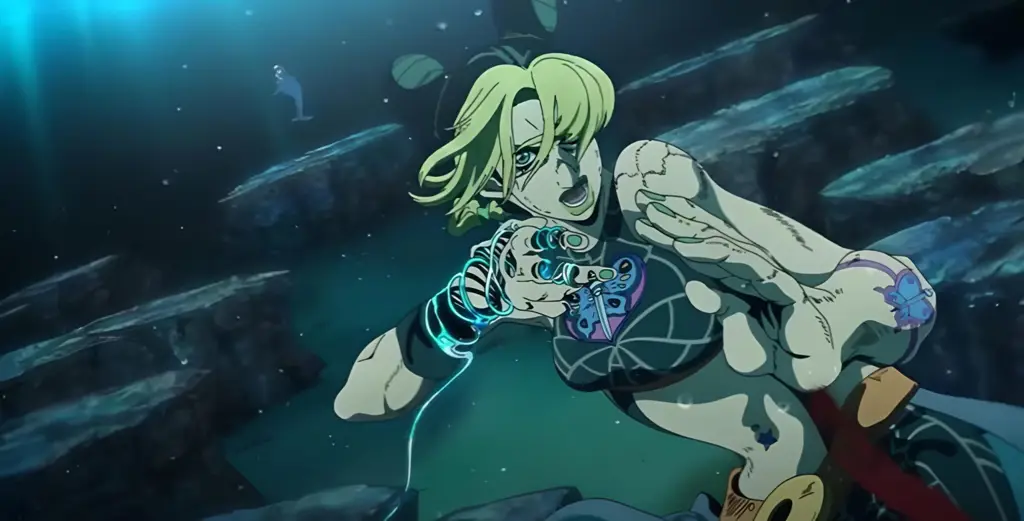 Gambar adegan pertarungan dari anime Stone Ocean