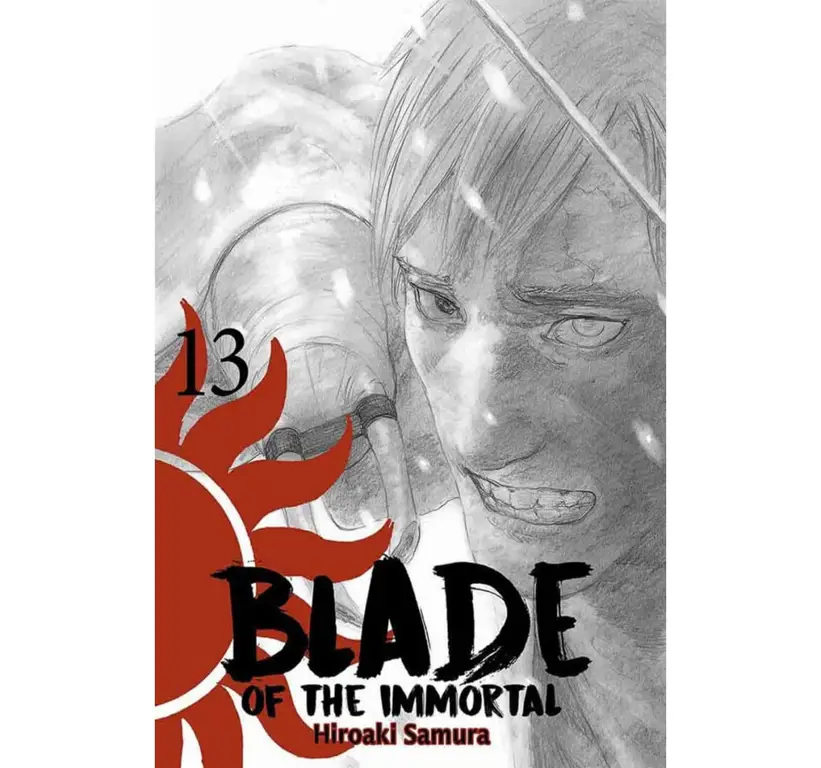 Gambar adegan pertarungan pedang yang intens dan berdarah dalam anime Blade of the Immortal