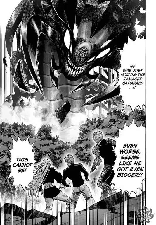 Panel-panel manga One Punch Man chapter 132 yang menampilkan pertarungan seru