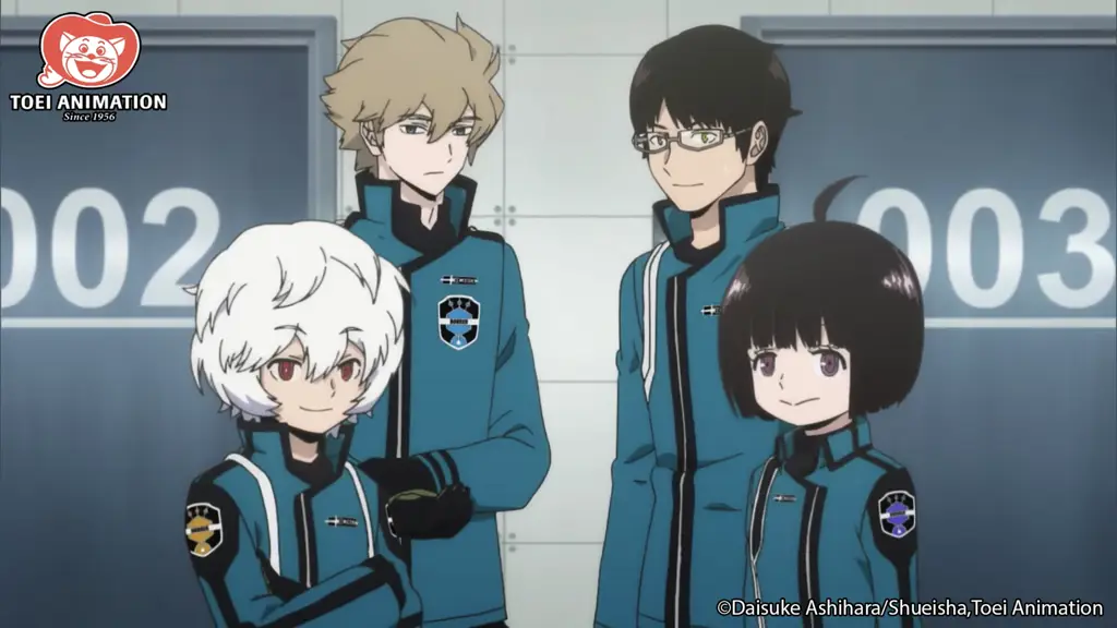 Para karakter utama dalam anime World Trigger sedang beraksi.