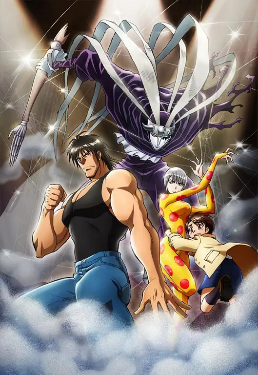 Adegan pertarungan dalam anime Karakuri Circus yang menampilkan boneka Karakuri yang sedang bertarung