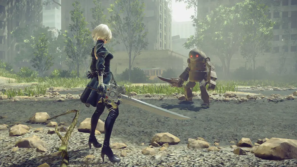 Screenshot gameplay Nier Automata yang menunjukkan pertarungan epik