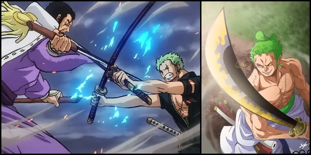 Gambar Zoro sedang bertarung dalam adegan anime One Piece