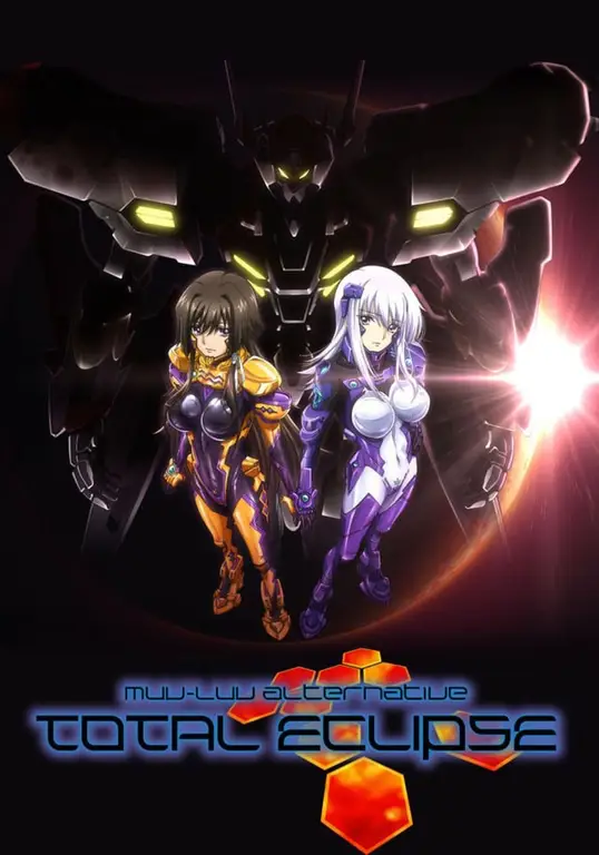 Screenshot anime Muv Luv Alternative: Total Eclipse yang menampilkan mecha dan pertempuran udara yang intens.