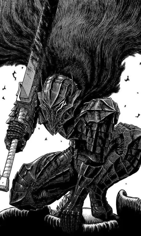 Panel manga Berserk menampilkan Guts dalam pertempuran