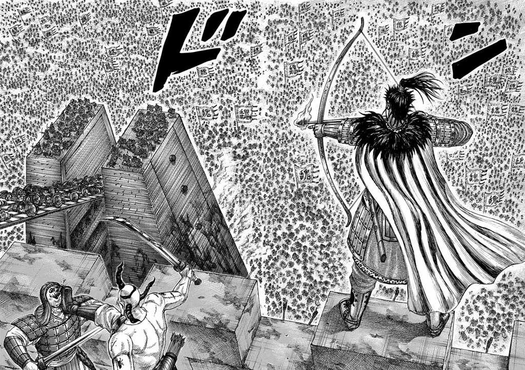 Gambar yang menampilkan adegan pertempuran sengit di Kingdom chapter 790