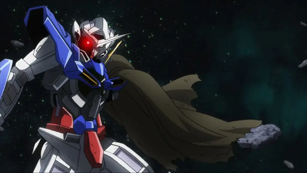 Adegan Pertempuran Terakhir yang Epik Gambar adegan pertempuran terakhir dalam Gundam 00