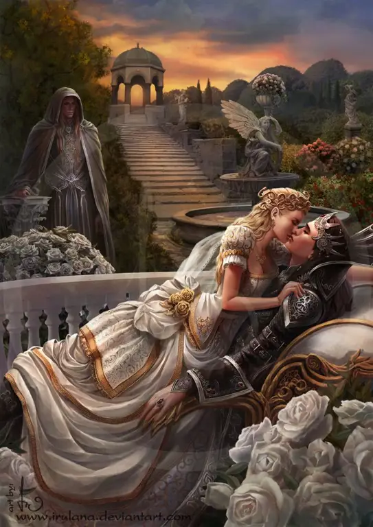 Ilustrasi adegan romantis dalam setting fantasi.