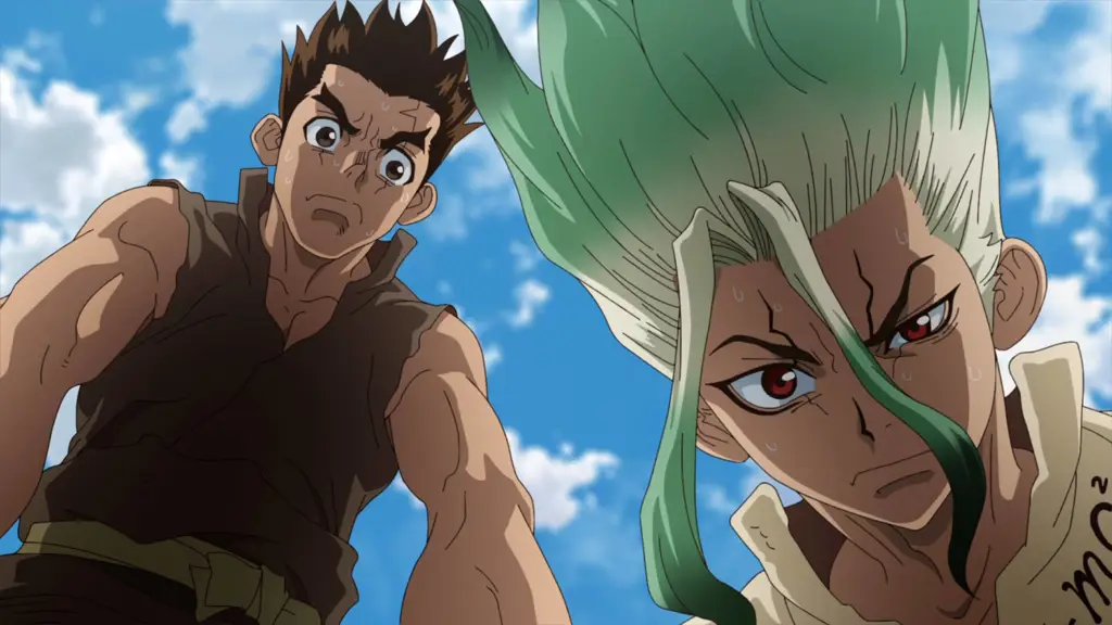 Senku dan Taiju dalam anime Dr. Stone
