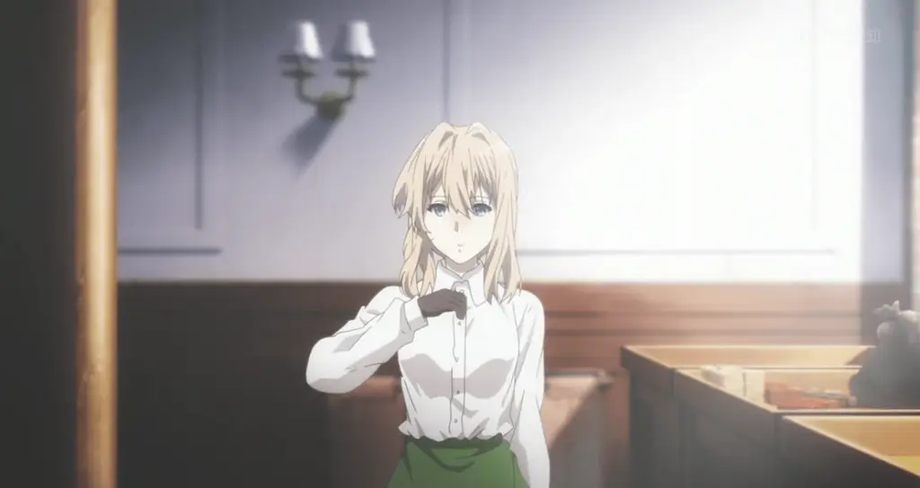 Cuplikan adegan dari episode pertama Violet Evergarden