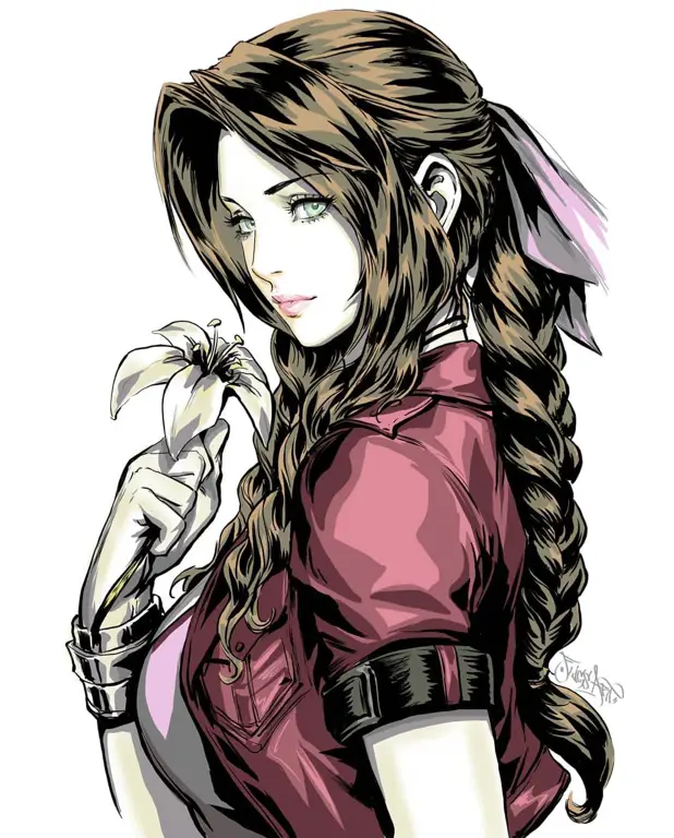 Ilustrasi Aerith Gainsborough bergaya anime