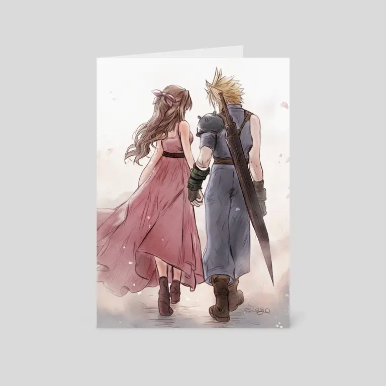 Ilustrasi Aerith dan Cloud dalam gaya anime