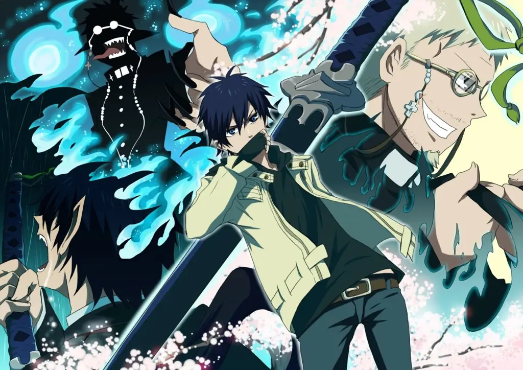 Adegan pertarungan epik dalam anime Ao no Exorcist.