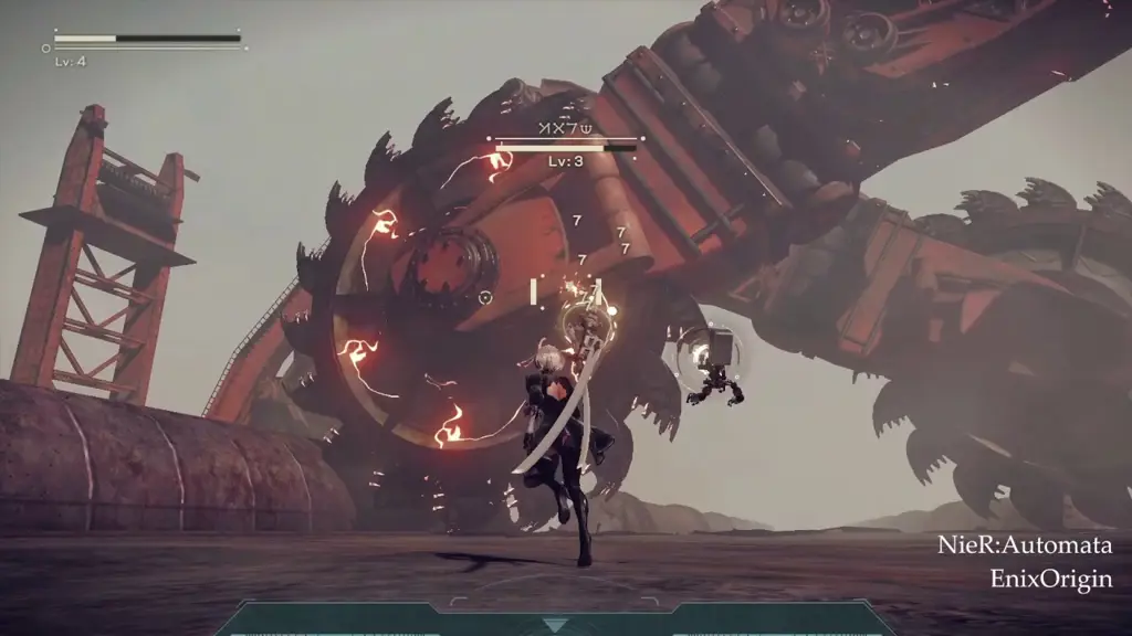 Cuplikan gameplay Nier Automata yang menunjukkan pertarungan robot