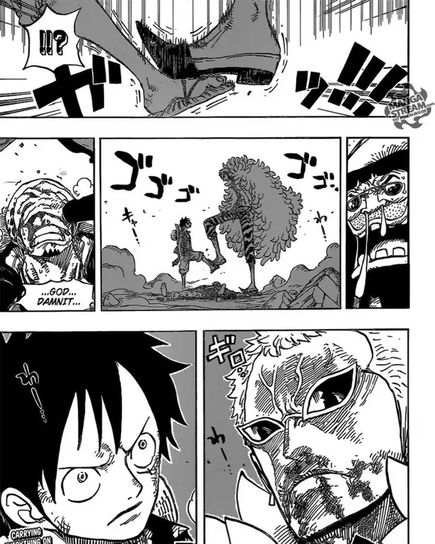 Panel-panel manga One Piece yang menunjukkan aksi dan petualangan Luffy dan krunya.