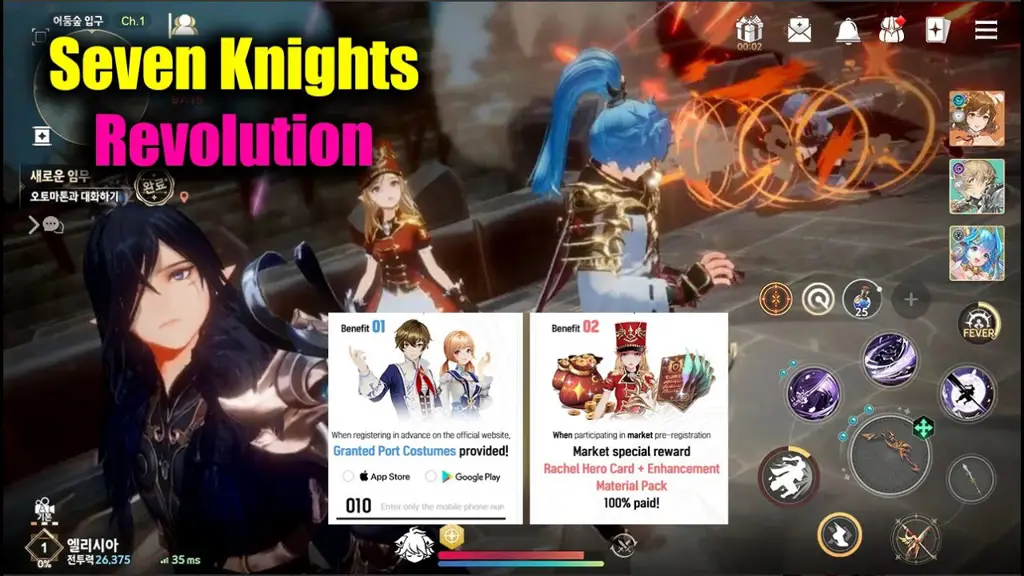 Gambar gameplay Seven Knight Revolution yang menampilkan pertarungan karakter-karakter ikonik.