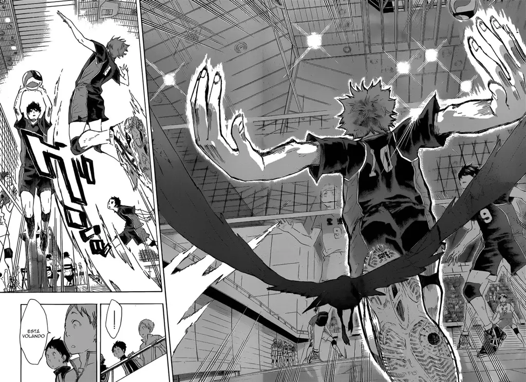 Panel-panel manga Haikyuu!! yang menampilkan pertandingan voli yang menegangkan.